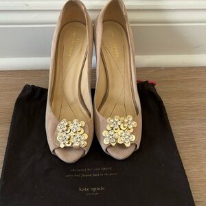 kate spade suede pumps with gold flower accent